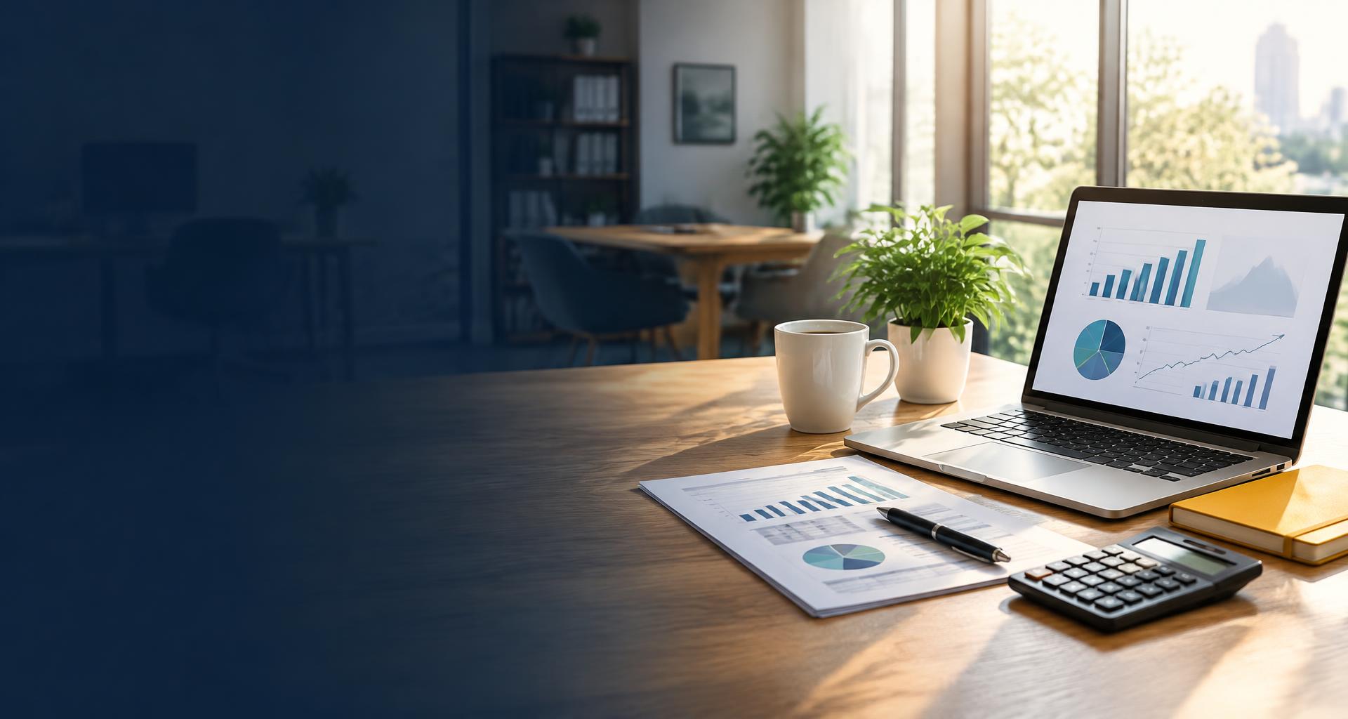 An organized accounting workspace with financial reports and a laptop